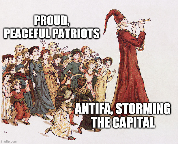 Pied Piper | PROUD, PEACEFUL PATRIOTS; ANTIFA, STORMING THE CAPITAL | image tagged in pied piper,antifa,maga,patriots | made w/ Imgflip meme maker