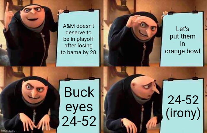 College football | A&M doesn't deserve to be in playoff after losing to bama by 28; Let's put them in orange bowl; Buck eyes 24-52; 24-52 (irony) | image tagged in memes,gru's plan | made w/ Imgflip meme maker