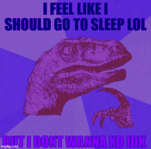 gotta wake up in ~5 hours~ XD | I FEEL LIKE I SHOULD GO TO SLEEP LOL; BUT I DONT WANNA XD IDK | image tagged in purple philosoraptor | made w/ Imgflip meme maker