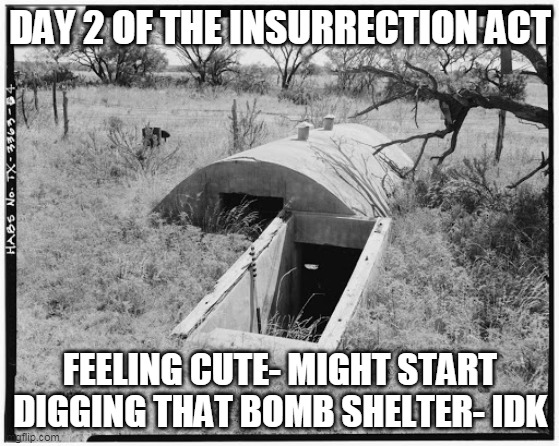 End of the World | DAY 2 OF THE INSURRECTION ACT; FEELING CUTE- MIGHT START DIGGING THAT BOMB SHELTER- IDK | image tagged in bomb shelter | made w/ Imgflip meme maker