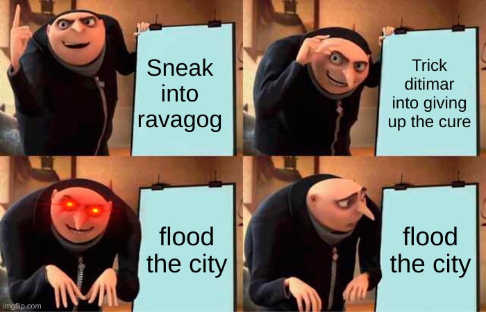 Gru's Plan Meme | Sneak into ravagog; Trick ditimar into giving up the cure; flood the city; flood the city | image tagged in memes,gru's plan | made w/ Imgflip meme maker