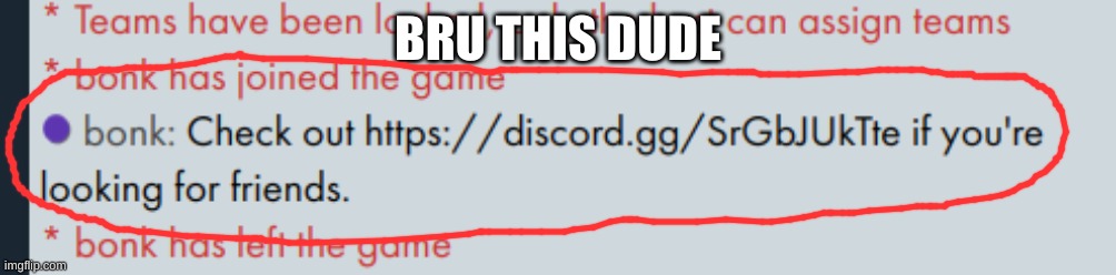i was playing Bonk.io 2, and dis dude, joins my game, advertises their discord server, and then quickly leaves...... | BRU THIS DUDE | image tagged in idk,sus,cyan_official | made w/ Imgflip meme maker