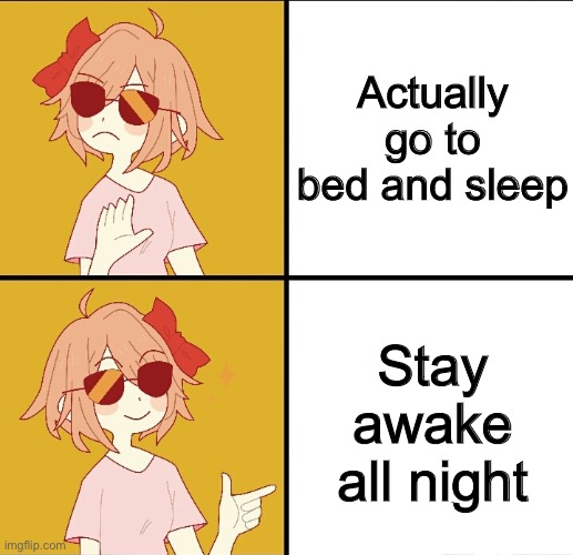 Why. Can’t. I. SLEEP?! | Actually go to bed and sleep; Stay awake all night | image tagged in trans drake | made w/ Imgflip meme maker