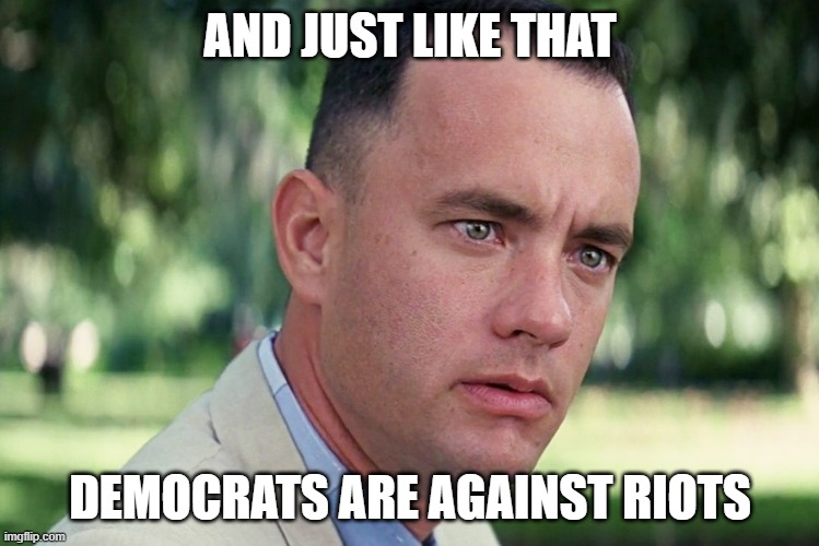 And Just Like That Meme | AND JUST LIKE THAT; DEMOCRATS ARE AGAINST RIOTS | image tagged in memes,and just like that | made w/ Imgflip meme maker