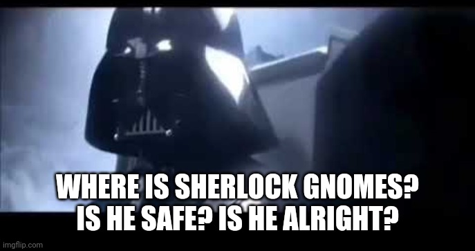 Darth Vader Where is Padme? | WHERE IS SHERLOCK GNOMES? IS HE SAFE? IS HE ALRIGHT? | image tagged in darth vader where is padme | made w/ Imgflip meme maker