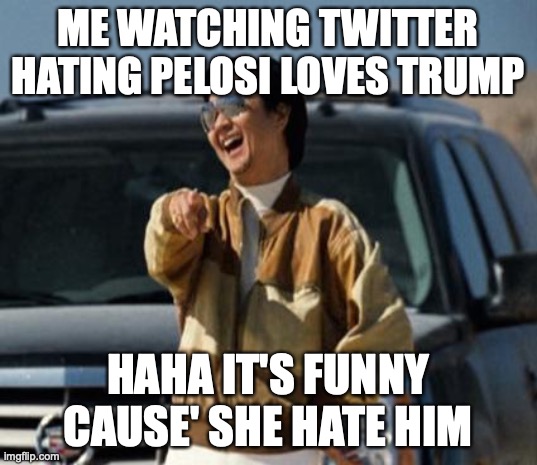 Just watched the hangover | ME WATCHING TWITTER HATING PELOSI LOVES TRUMP; HAHA IT'S FUNNY CAUSE' SHE HATE HIM | image tagged in chow laughing hangover | made w/ Imgflip meme maker