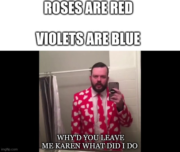 ROSES ARE RED; VIOLETS ARE BLUE; WHY'D YOU LEAVE ME KAREN WHAT DID I DO | image tagged in memes | made w/ Imgflip meme maker