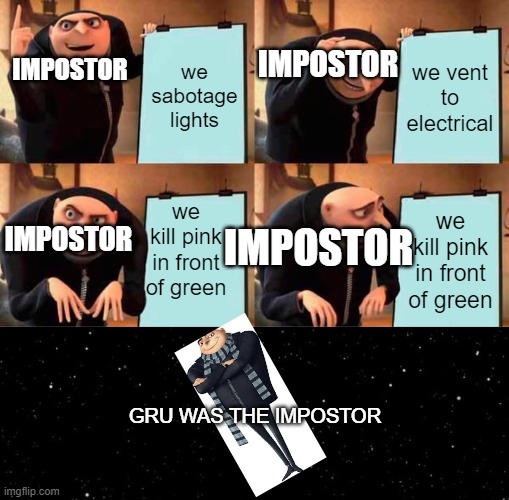 grupostor | IMPOSTOR; IMPOSTOR; we sabotage lights; we vent to electrical; we kill pink in front of green; we kill pink in front of green; IMPOSTOR; IMPOSTOR; GRU WAS THE IMPOSTOR | image tagged in memes,gru's plan,among us ejected | made w/ Imgflip meme maker