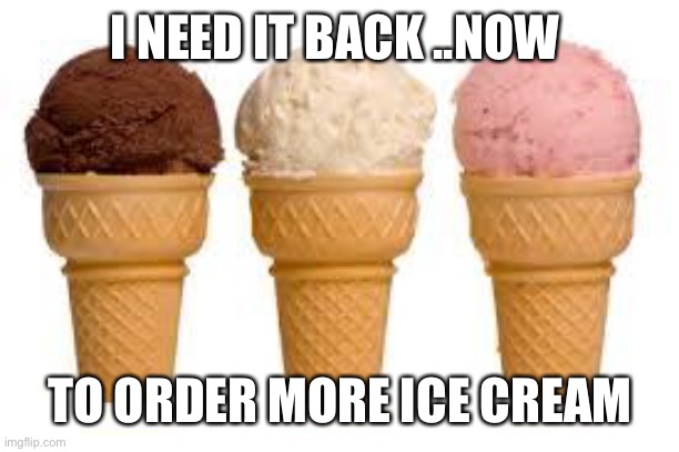 Ice Cream cone | I NEED IT BACK ..NOW TO ORDER MORE ICE CREAM | image tagged in ice cream cone | made w/ Imgflip meme maker