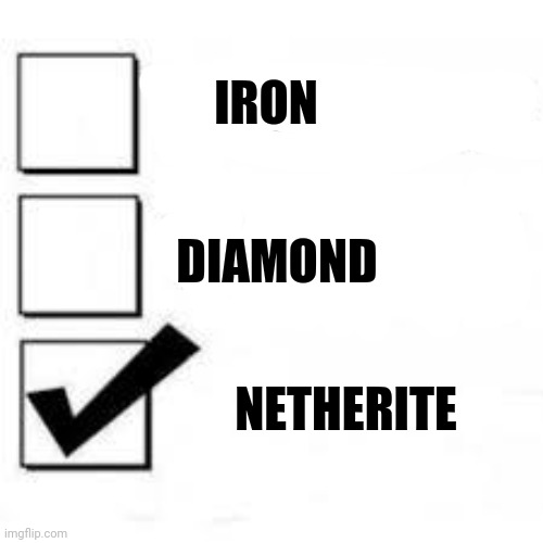 Netherite | IRON; DIAMOND; NETHERITE | image tagged in single taken priorities | made w/ Imgflip meme maker