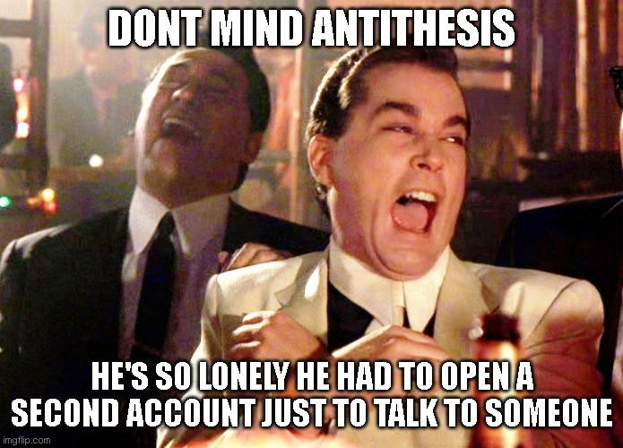 Good Fellas Hilarious Meme | DONT MIND ANTITHESIS HE'S SO LONELY HE HAD TO OPEN A SECOND ACCOUNT JUST TO TALK TO SOMEONE | image tagged in memes,good fellas hilarious | made w/ Imgflip meme maker