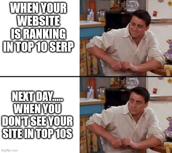 Surprised Joey | WHEN YOUR WEBSITE IS RANKING IN TOP 10 SERP; NEXT DAY.....
WHEN YOU DON'T SEE YOUR SITE IN TOP 10S | image tagged in surprised joey,friends | made w/ Imgflip meme maker