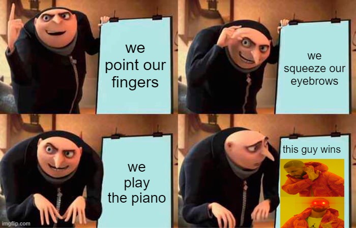 Gru's Plan Meme | we point our fingers; we squeeze our eyebrows; this guy wins; we play the piano | image tagged in memes,gru's plan,funny,never win,drake beats all | made w/ Imgflip meme maker
