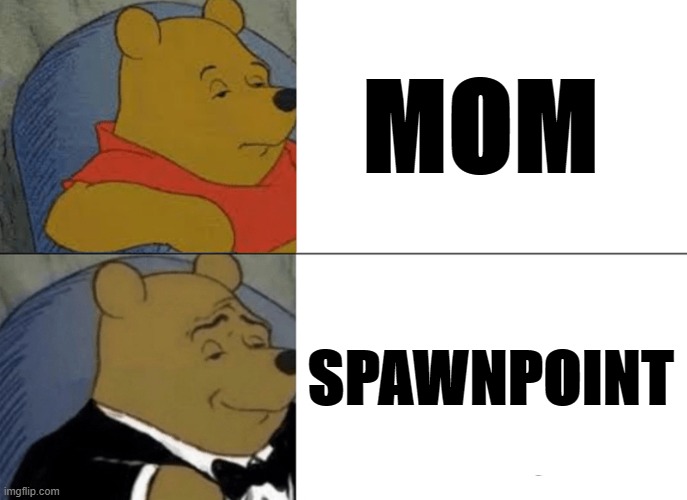 Oh yes, The spawnpoint | MOM; SPAWNPOINT | image tagged in memes,tuxedo winnie the pooh | made w/ Imgflip meme maker