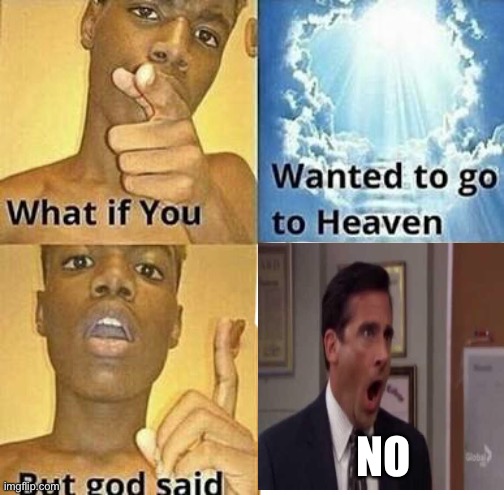 What if you wanted to go to Heaven | NO | image tagged in what if you wanted to go to heaven,no god no god please no,i dont know what i am doing,memes,funny memes | made w/ Imgflip meme maker