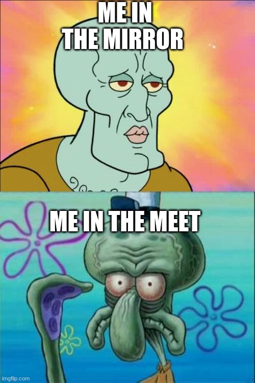 It's true tho | ME IN THE MIRROR; ME IN THE MEET | image tagged in memes,squidward,looks | made w/ Imgflip meme maker