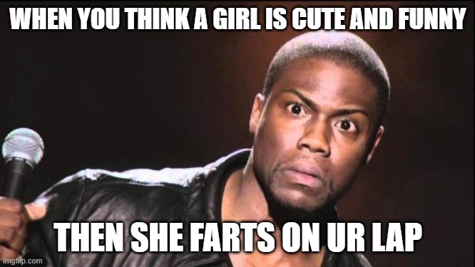 kevin heart idiot | WHEN YOU THINK A GIRL IS CUTE AND FUNNY; THEN SHE FARTS ON UR LAP | image tagged in kevin heart idiot | made w/ Imgflip meme maker