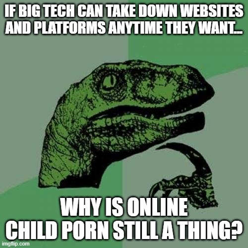 Cause they like to watch it? |  IF BIG TECH CAN TAKE DOWN WEBSITES AND PLATFORMS ANYTIME THEY WANT... WHY IS ONLINE CHILD PORN STILL A THING? | image tagged in memes,philosoraptor,politics | made w/ Imgflip meme maker