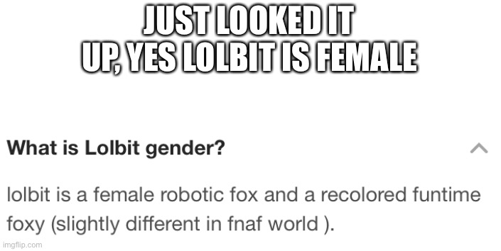 Look up lolbit’s gender and you’ll get the same answer | JUST LOOKED IT UP, YES LOLBIT IS FEMALE | image tagged in e | made w/ Imgflip meme maker