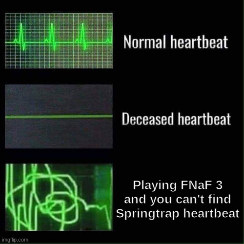 AAAAAAAAAAAAAAAAAAAAAAAAAAAAAAAAAAAAAAAAAAAAAAAAAAAAAAAAAAAAAAAAAAAAAAAAAAAAAAAAAAAAAAAAAAAAAAAAAAAAAAAAAAAAAAAAAAAAAAAAAAAAAAAA | Playing FNaF 3 and you can't find Springtrap heartbeat | image tagged in heart beat meme,fnaf 3,springtrap,funny,memes | made w/ Imgflip meme maker