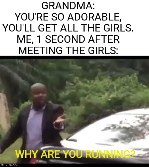 Why are you running? |  GRANDMA: YOU'RE SO ADORABLE, YOU'LL GET ALL THE GIRLS.

ME, 1 SECOND AFTER MEETING THE GIRLS:; WHY ARE YOU RUNNING? | image tagged in why are you running | made w/ Imgflip meme maker
