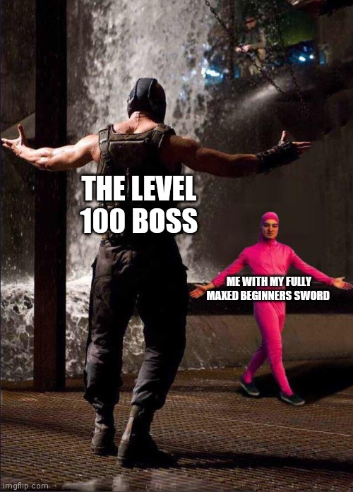 Pink Guy vs Bane | THE LEVEL 100 BOSS; ME WITH MY FULLY MAXED BEGINNERS SWORD | image tagged in pink guy vs bane | made w/ Imgflip meme maker