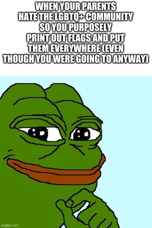 I feel successful for once | WHEN YOUR PARENTS HATE THE LGBTQ+ COMMUNITY SO YOU PURPOSELY PRINT OUT FLAGS AND PUT THEM EVERYWHERE (EVEN THOUGH YOU WERE GOING TO ANYWAY) | image tagged in smug pepe | made w/ Imgflip meme maker