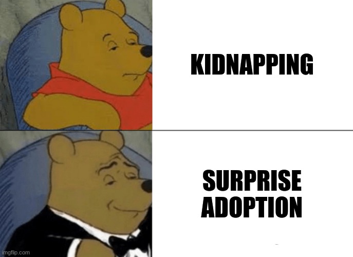 Tuxedo Winnie The Pooh Meme | KIDNAPPING; SURPRISE ADOPTION | image tagged in memes,tuxedo winnie the pooh | made w/ Imgflip meme maker