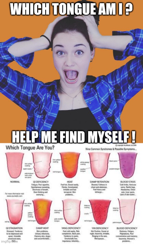 Find yourself in the tongue! | WHICH TONGUE AM I ? HELP ME FIND MYSELF ! | image tagged in fake astonishment,tongue | made w/ Imgflip meme maker