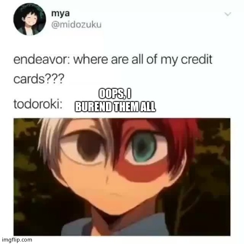 Proabaly happened | OOPS, I BUREND THEM ALL | image tagged in suspicious todoroki | made w/ Imgflip meme maker