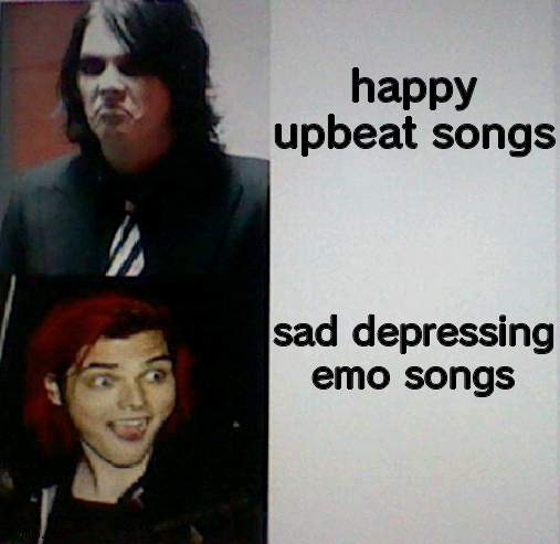 happy upbeat songs; sad depressing emo songs | image tagged in gerard way hotline bling | made w/ Imgflip meme maker