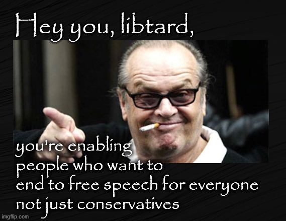 Hey you, libtard | Hey you, libtard, you're enabling 
people who want to 
end to free speech for everyone
not just conservatives | image tagged in politics | made w/ Imgflip meme maker