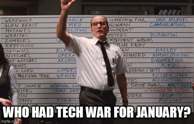 Cabin the the woods |  WHO HAD TECH WAR FOR JANUARY? | image tagged in cabin the the woods | made w/ Imgflip meme maker