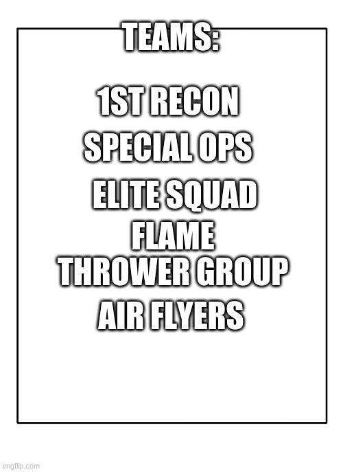 Any more? | 1ST RECON; TEAMS:; SPECIAL OPS; ELITE SQUAD; FLAME THROWER GROUP; AIR FLYERS | image tagged in blank template | made w/ Imgflip meme maker