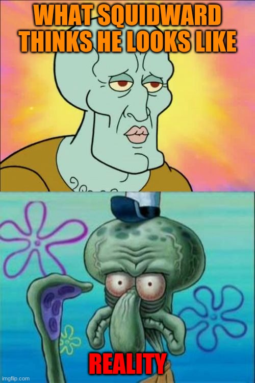 SQUIDWARD | WHAT SQUIDWARD THINKS HE LOOKS LIKE; REALITY | image tagged in memes,squidward | made w/ Imgflip meme maker