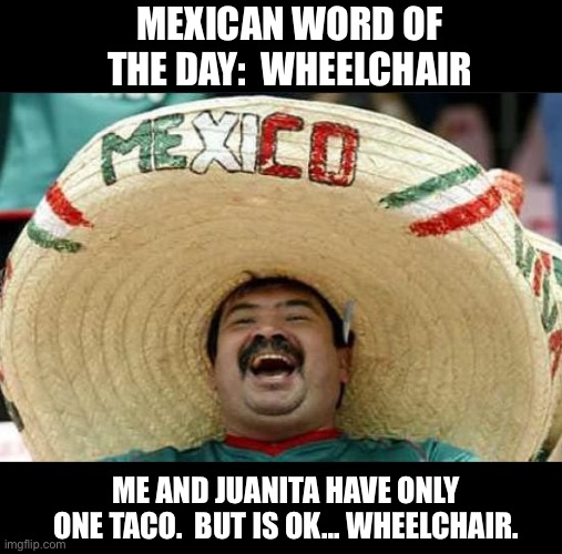 Wheelchair | MEXICAN WORD OF THE DAY:  WHEELCHAIR; ME AND JUANITA HAVE ONLY ONE TACO.  BUT IS OK... WHEELCHAIR. | image tagged in mexican word of the day | made w/ Imgflip meme maker