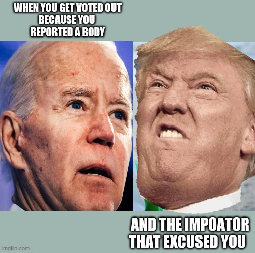 among us reaction | WHEN YOU GET VOTED OUT
BECAUSE YOU 
REPORTED A BODY; AND THE IMPOATOR THAT EXCUSED YOU | image tagged in memes,trump and biden among us | made w/ Imgflip meme maker