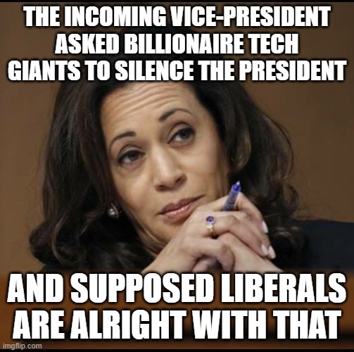 Kamala Harris  | THE INCOMING VICE-PRESIDENT ASKED BILLIONAIRE TECH GIANTS TO SILENCE THE PRESIDENT; AND SUPPOSED LIBERALS ARE ALRIGHT WITH THAT | image tagged in kamala harris | made w/ Imgflip meme maker