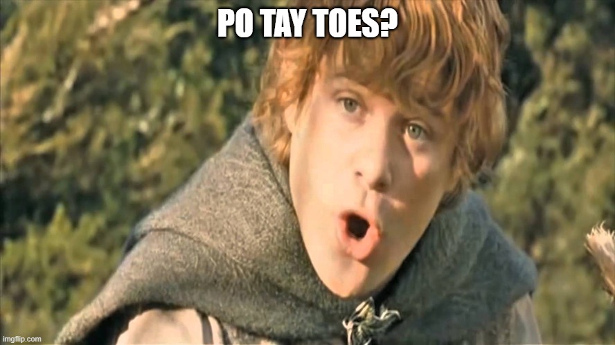 Samwise Gamgee | PO TAY TOES? | image tagged in samwise gamgee | made w/ Imgflip meme maker