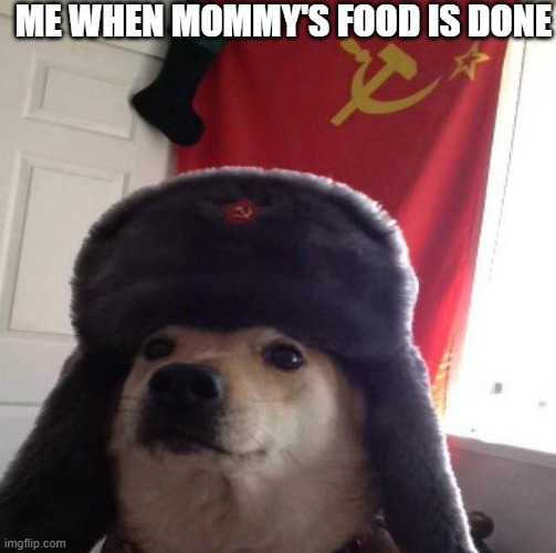 Russian Doge | ME WHEN MOMMY'S FOOD IS DONE | image tagged in russian doge | made w/ Imgflip meme maker