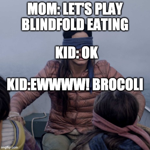 Bird Box | MOM: LET'S PLAY BLINDFOLD EATING; KID: OK; KID:EWWWW! BROCOLI | image tagged in memes,bird box | made w/ Imgflip meme maker