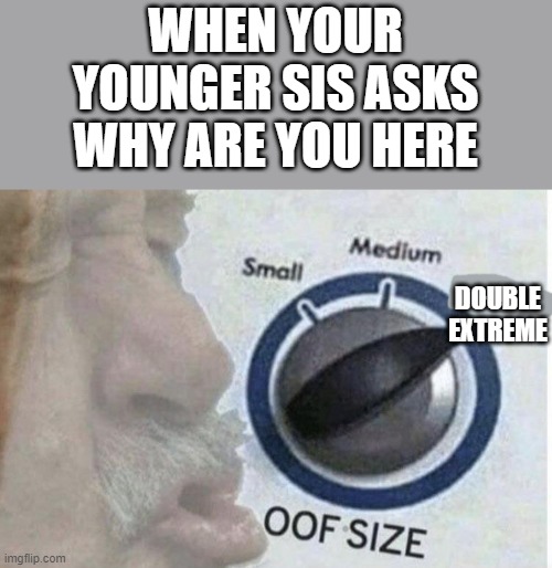 OOF size: DOUBLE EXTREME! | WHEN YOUR YOUNGER SIS ASKS WHY ARE YOU HERE; DOUBLE EXTREME | image tagged in oof size large | made w/ Imgflip meme maker