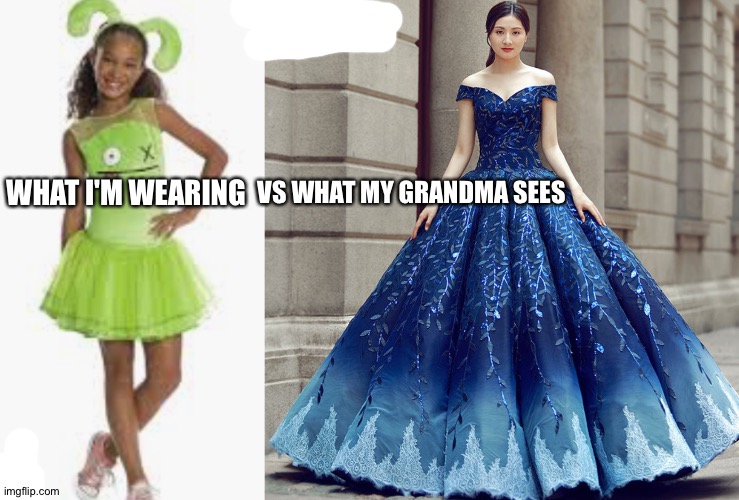 True | WHAT I'M WEARING; VS WHAT MY GRANDMA SEES | image tagged in yesh | made w/ Imgflip meme maker