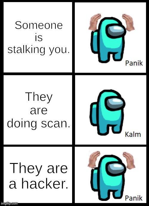 :):):) | Someone is stalking you. They are doing scan. They are a hacker. | image tagged in among us panik kalm panik | made w/ Imgflip meme maker