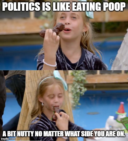 poop | POLITICS IS LIKE EATING POOP A BIT NUTTY NO MATTER WHAT SIDE YOU ARE ON. | image tagged in poop | made w/ Imgflip meme maker