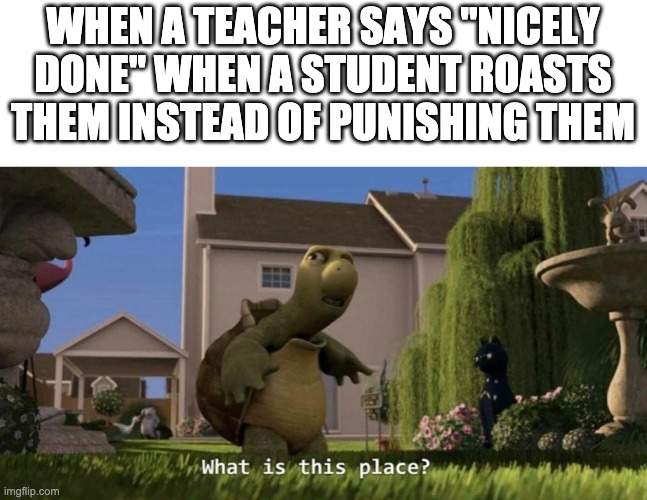 What is this place | WHEN A TEACHER SAYS "NICELY DONE" WHEN A STUDENT ROASTS THEM INSTEAD OF PUNISHING THEM | image tagged in what is this place | made w/ Imgflip meme maker