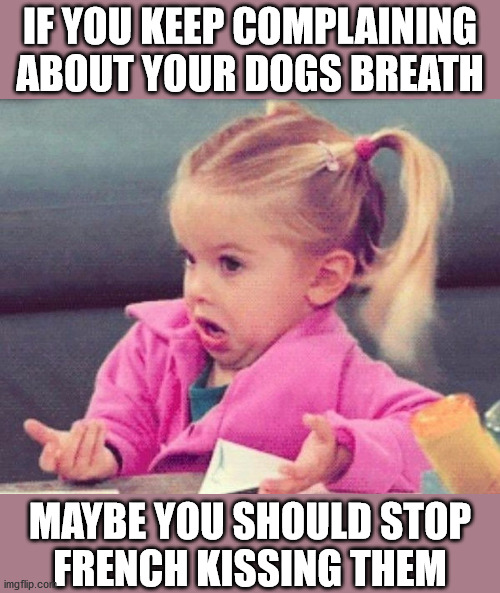 IDK Girl | IF YOU KEEP COMPLAINING
ABOUT YOUR DOGS BREATH; MAYBE YOU SHOULD STOP
FRENCH KISSING THEM | image tagged in idk girl,memes,kissing,dogs,one does not simply,no no hes got a point | made w/ Imgflip meme maker