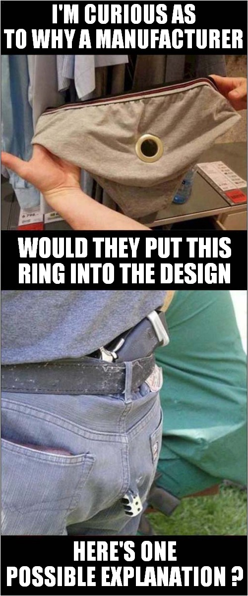 Is That A Gun In Your Pants ? | I'M CURIOUS AS TO WHY A MANUFACTURER; WOULD THEY PUT THIS RING INTO THE DESIGN; HERE'S ONE POSSIBLE EXPLANATION ? | image tagged in fun,pants,guns | made w/ Imgflip meme maker