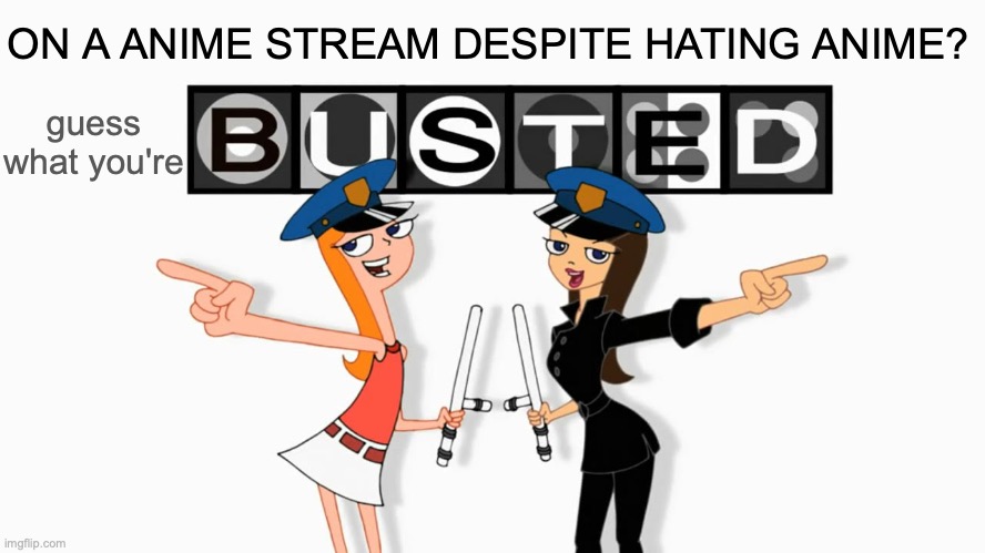 Anime hater on a anime stream? | ON A ANIME STREAM DESPITE HATING ANIME? guess what you're | image tagged in you got busted,hypocrisy,hate,anime,practice,preach | made w/ Imgflip meme maker