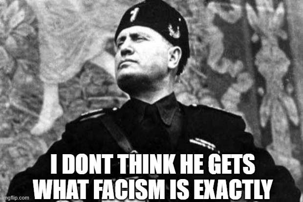 mussolini | I DONT THINK HE GETS WHAT FACISM IS EXACTLY | image tagged in mussolini | made w/ Imgflip meme maker